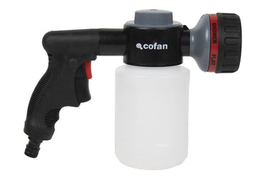 Cofan – Pistola de Riego con 6 Modos y Depósito de Jabón 500 ml | Multifunción para Jardín y Limpieza | Control de Espuma